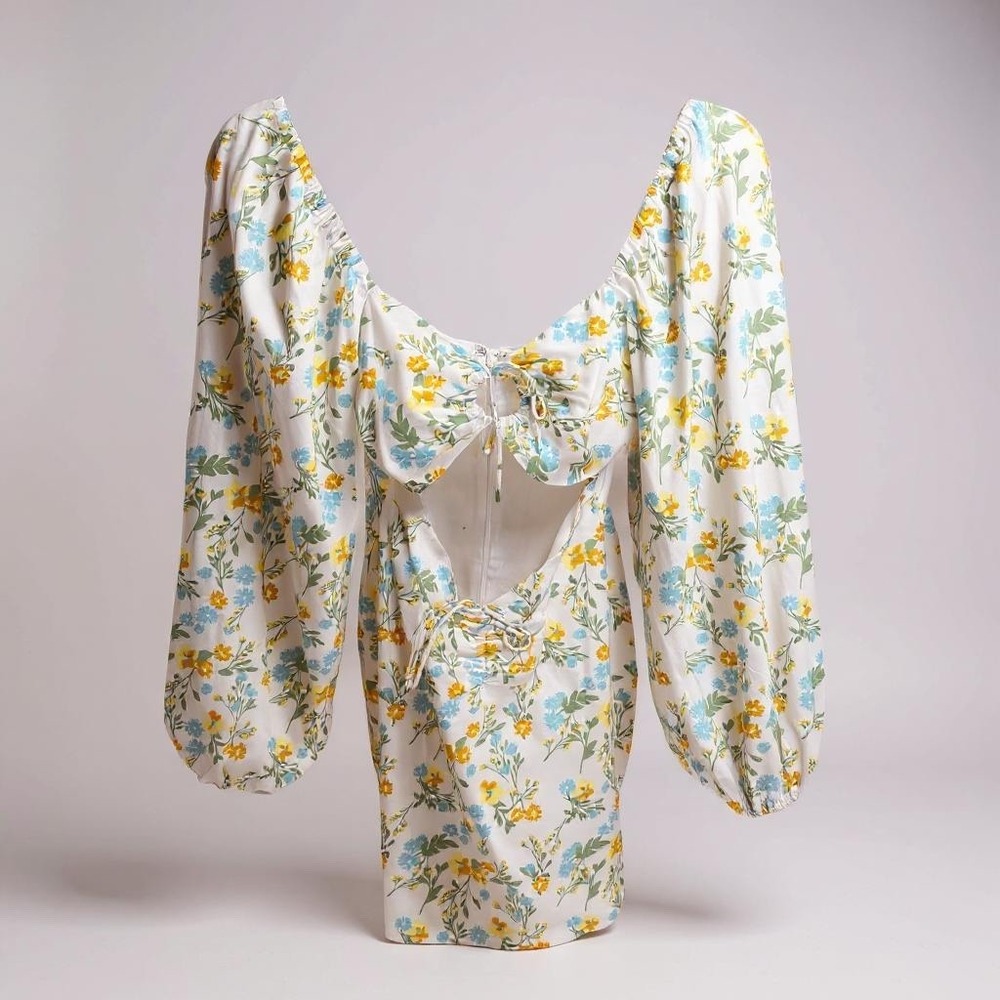 Sabo Skirt XS Floral Mini Dress Long Sleeve Cut Out Back Tie Cottagecore